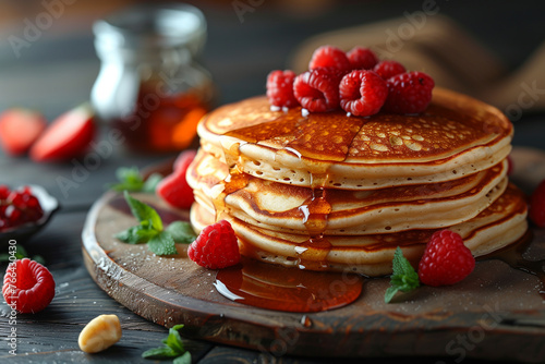 A stack of pancakes topped with fresh raspberries and drizzled with syrup breakfast photo