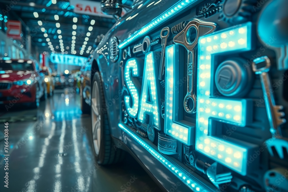 Obraz premium Illuminated Sale Sign Attracting Customers at a Car Dealership