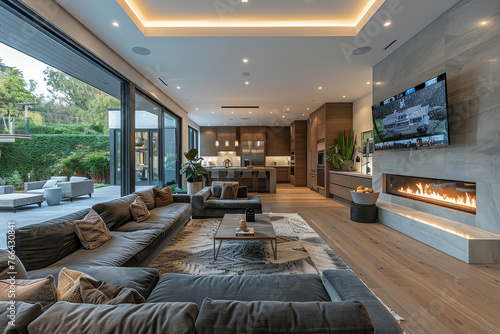 An opulent modern living room boasting high ceilings, large windows, and a sophisticated blend of contemporary furniture and classic architecture.
