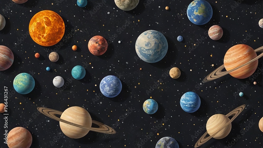 Cartoon solar system with bright planets on a dark cosmic background, including Earth with Saturn and Mars.
Concept: astronomy and space Cartoon solar system with bright planets on a dark cosmic background, including Earth with Saturn and Mars.
Concept: astronomy and space
