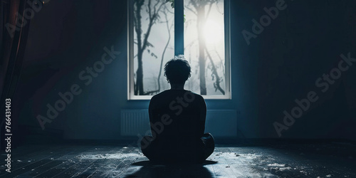 Silhouette of person sitting in front of window with sun shining through, contemplation and introspection concept