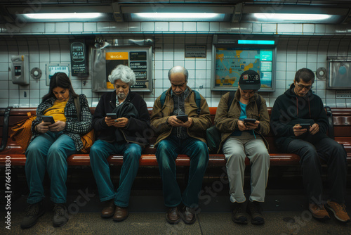  photo capturing everyday city life as commuters intently use their smartphones while waiting at a subway station.