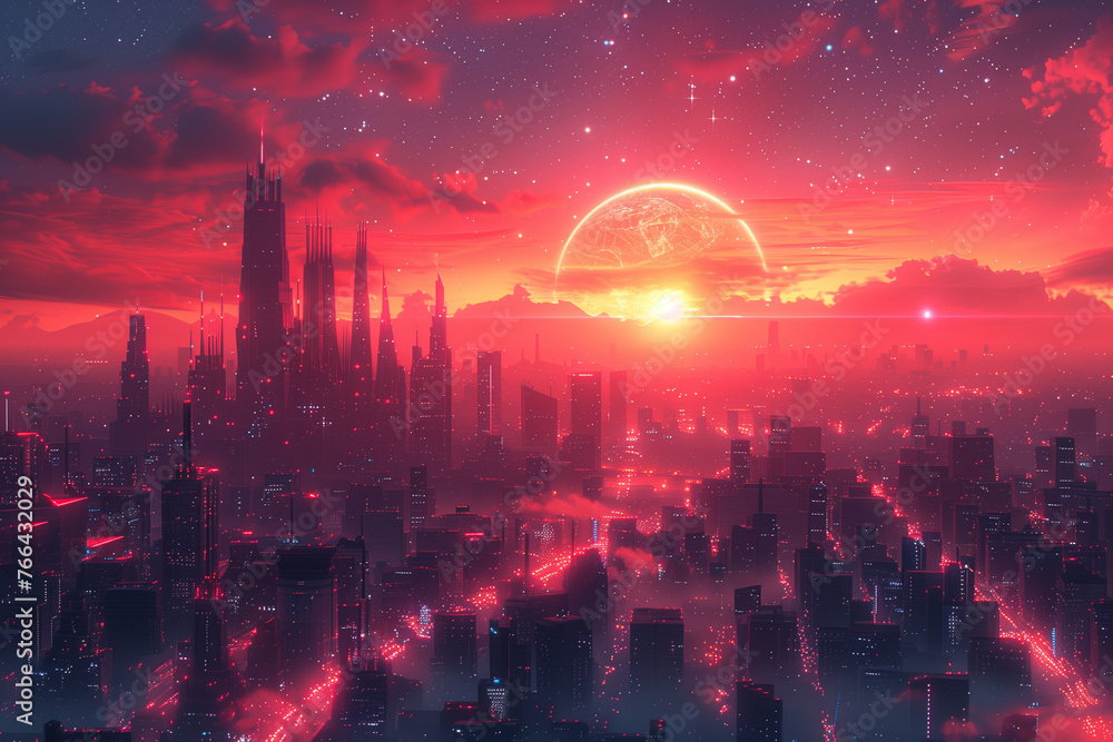 A city illuminated at night with the sun setting in the sky futuristic holographic cityscape wallpaper 