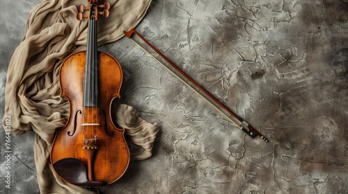 Classic Violin and Bow Resting on Textured Background