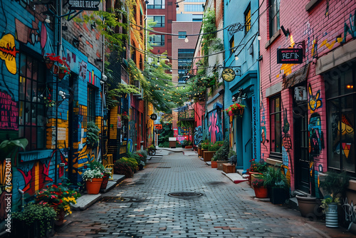 Artistic Urban Alley Adorned with Graffiti and Plants