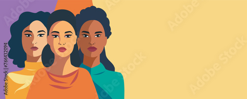 Vector vertical banner. Three feminist women of different skin colors stand next to each other. Concept of the movement for gender equality and protection of women's rights empowerment
