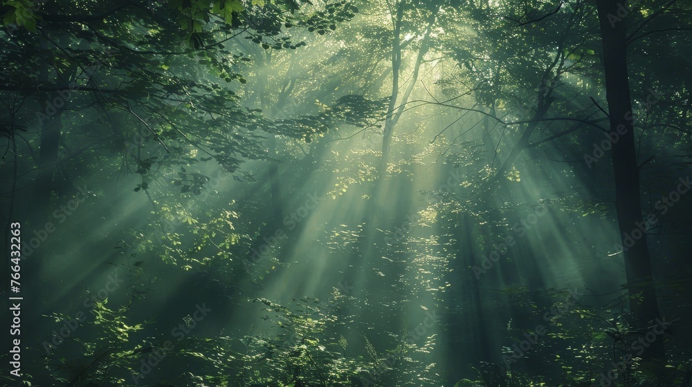 Obraz premium Atmosphere: A dense forest with sunlight filtering through the canopy