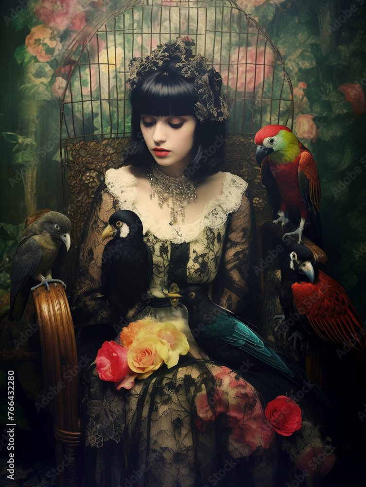 Vintage style teen girl, seated, black hair, lace garment, surrounded by parrots, softfocus, aged photo effect , hyperdetails