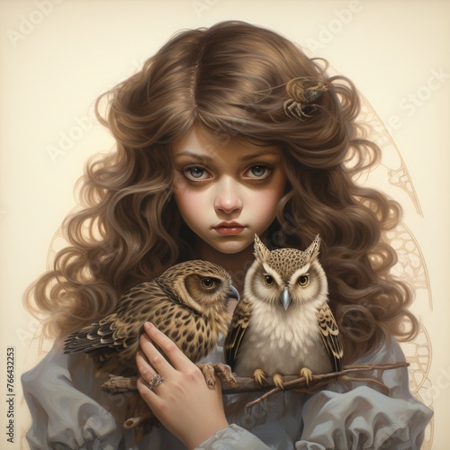 Victorian era girl, light brown curls, owl perched on hand, halfbody, soft sepia lighting , hyperdetails photo