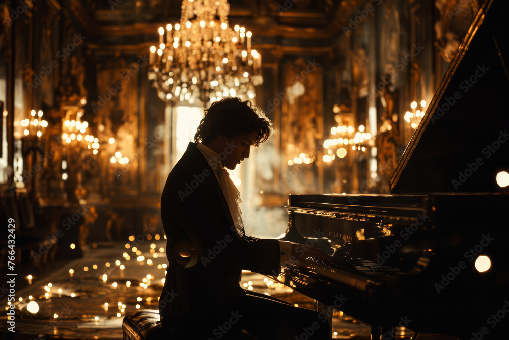 A solitary pianist immersed in a captivating play, surrounded by ethereal light beams and smoke on a dimly lit stage.