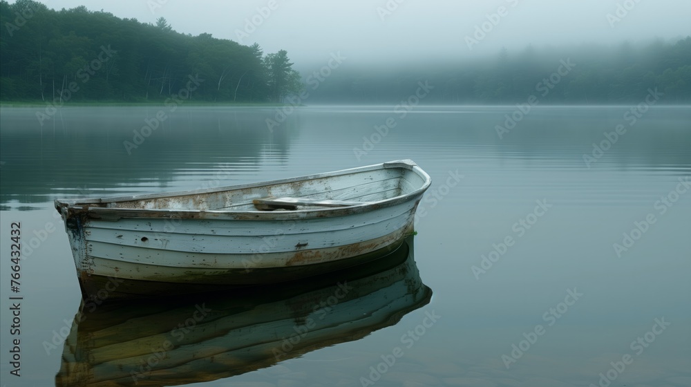 Solitary Boat on a Misty Lake at Dawn