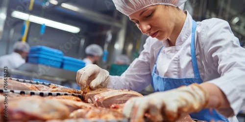 Hands of a meat factory worker gathering packed meat on a conveyor belt. photo