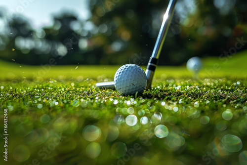 Close-up of a golf ball on the tee with a club positioned for a swing on a lush green course..