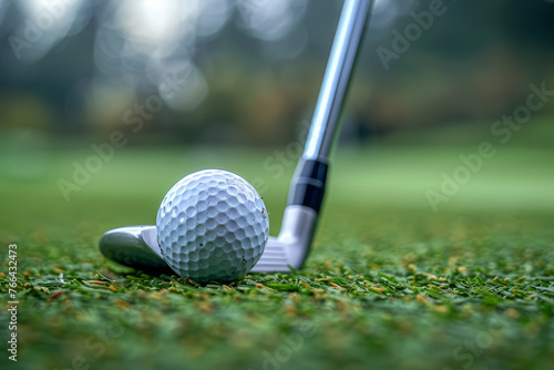 Close-up of a golf ball on the tee with a club positioned for a swing on a lush green course..