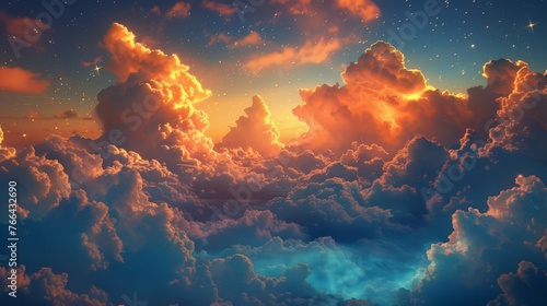 Fantasy sky filled with fluffy, glowing clouds under stars