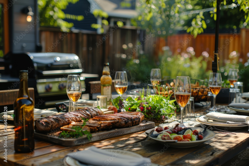 A well-set outdoor table featuring wine glasses, barbecue meat, and salads in a cozy backyard setting at dusk..