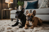 Zwei Französische Bulldoggen entspannen auf weichem Teppich im modernen Wohnzimmer