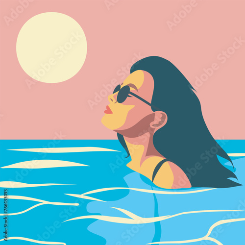 Vector illustration summer at sunset a girl swims in the sea ocean. Portrait illustration. Vector graphics, flat style. The girl is on vacation. Girl in the pool