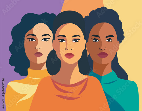 Vector vertical banner. Three feminist women from different cultures stand side by side. Concept of the movement for gender equality and protection of women's rights empowerment