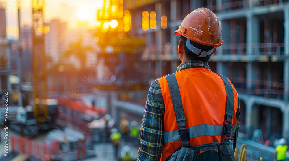 A construction worker in a hard hat stands contemplating the progress on a busy construction site..