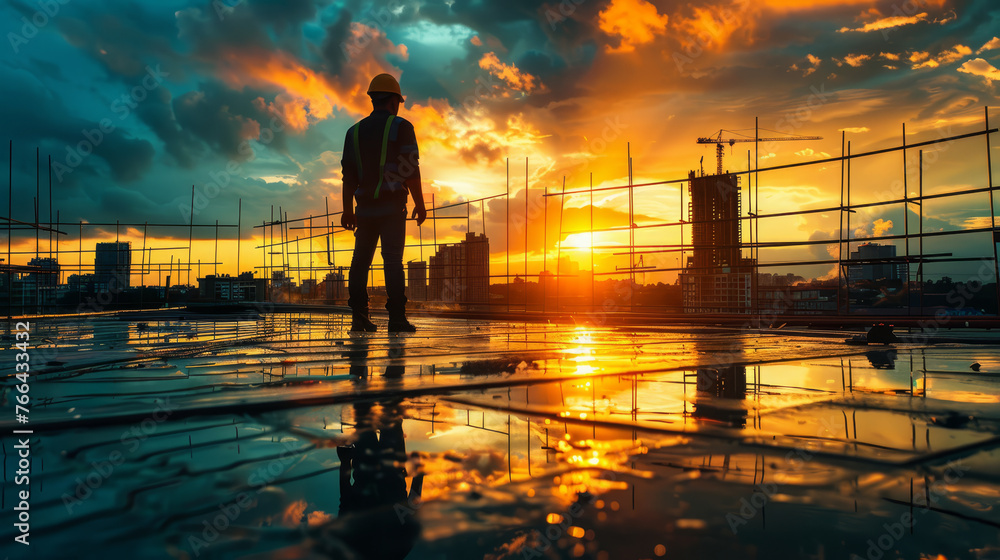 Fototapeta premium A construction worker in a hard hat stands contemplating the progress on a busy construction site..