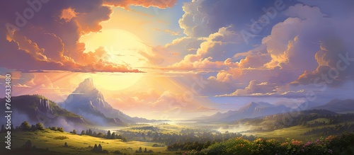 A picturesque natural landscape with a sunset painting the sky in vibrant colors, casting a warm glow over the valley and mountains in the background