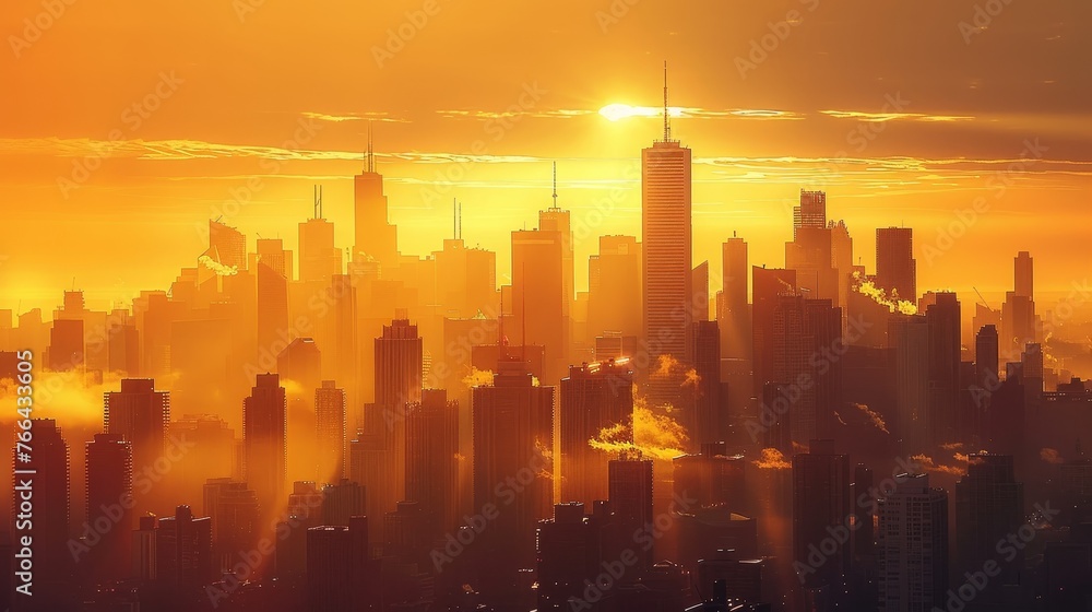 Skyline: A city skyline at sunset, with the warm glow of the sun casting a golden light over the buildings