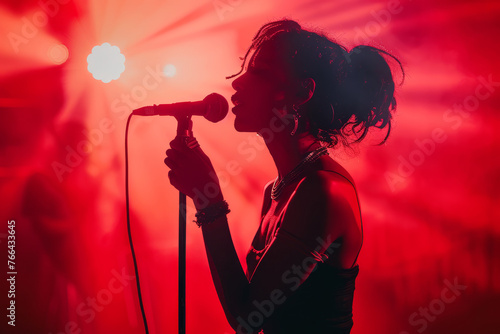 A close-up image of a female singer with stylish eyewear, passionately performing into a microphone amidst vivid neon stage lighting..