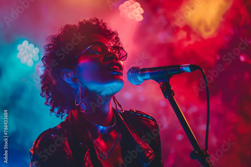 A close-up image of a female singer with stylish eyewear, passionately performing into a microphone amidst vivid neon stage lighting..