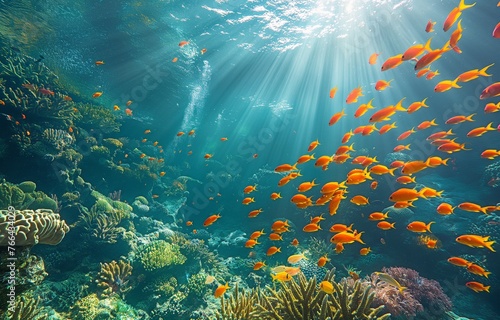 Anthias, the red coral fish, inhabit a shoal within a stunning tropical coral reef. Amazing underwater ecosystem with tropical fish and corals photo