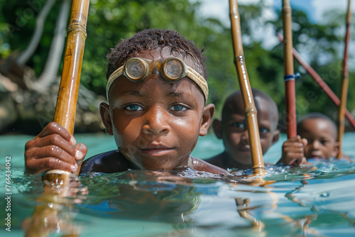 Children Fishing and Playing in Tropical Waters. photo