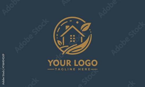 House Logo with Leaf - Home Care Icon - Linear Design - Garden Logo Vector - Housing Vector Illustration