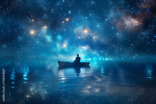 Solitary figure in a boat under a dreamy starry sky, tranquil night scene.