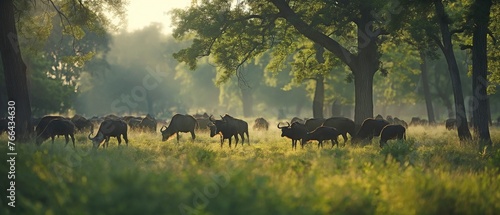 A gaur herd calmly grazing in a clearing in the woodland. Natural world and wildlife photo