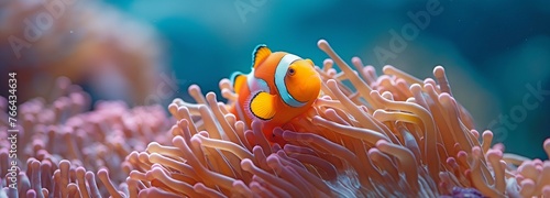 adorably adorable anemone fish having fun on the reef. Beautifully coloured clownfish up close on an anemone