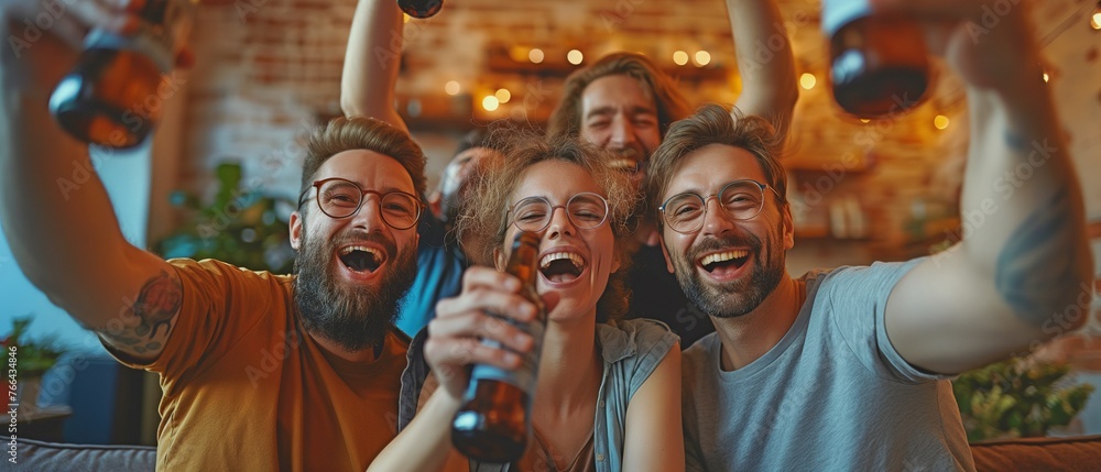 empathetic group of friends enjoying their favourite team's victory while lounging on the sofa with beer bottles empathetic group of friends enjoying their favourite team's victory while lounging on the sofa with beer bottles