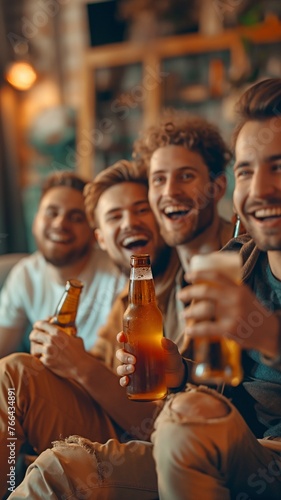 empathetic group of friends enjoying their favourite team's victory while lounging on the sofa with beer bottles