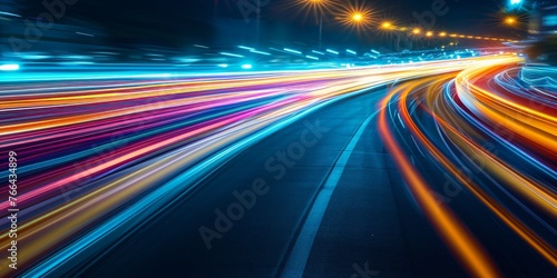 Car motion trails. Speed light streaks background with blurred fast moving light effect. Racing cars dynamic flash effects city road with long exposure night lights © YuDwi Studio