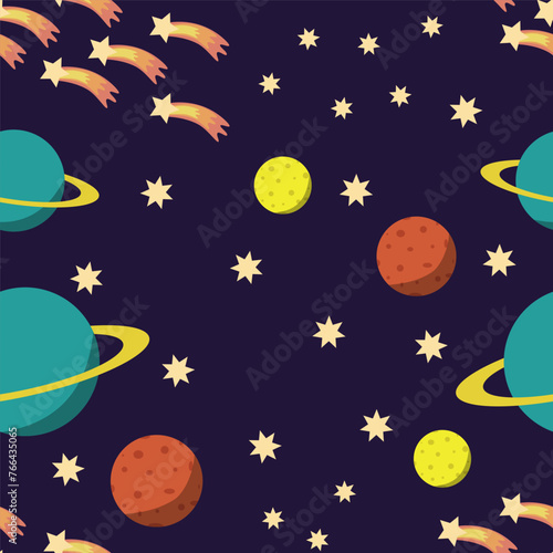 A seamless cosmic pattern. Planets, meteor and stars. Cartoon icons of planets. Children's items for scrap booking. Children's background. Hand-drawn vector illustration