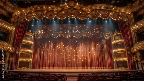 Majestic Theater Stage Illuminated by Golden Lights photo