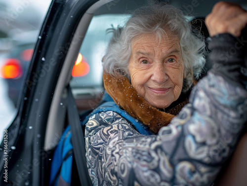 Una signora anziana scende dall'auto, l'assistente la aiuta, tenendole le mani. Una donna anziana ha difficoltà ad alzarsi dal sedile posteriore dell'auto