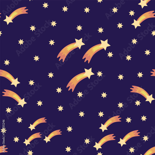 Cartoon star pattern. Cosmic stars in the dark and a shooting star. Space vector graphics for printing, seamless galaxy background of constellations of the night sky.