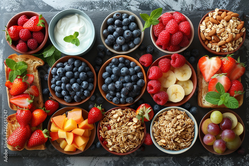 Various fruits and cereals organized in bowls for a vibrant and nutritious breakfast spread