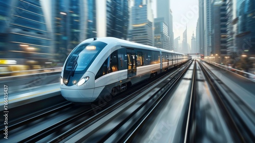 A futuristic train speeding through a bustling cityscape, representing the seamless integration of transportation and technology in modern society