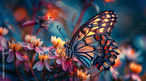 A delicate butterfly fluttering amongst vibrant flowers, its colorful wings a symphony of patterns and hues