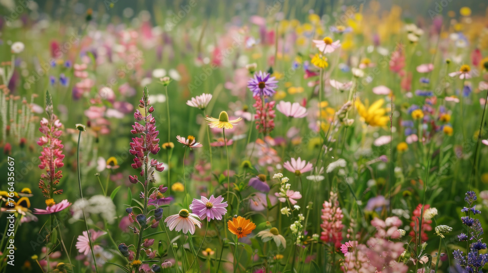 A vibrant field of wildflowers in shades of pink, purple, and yellow, creating a mesmerizing sight A vibrant field of wildflowers in shades of pink, purple, and yellow, creating a mesmerizing sight