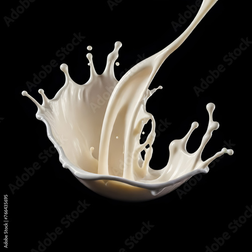 a spoon of milk is being poured into a bowl of splash on black background