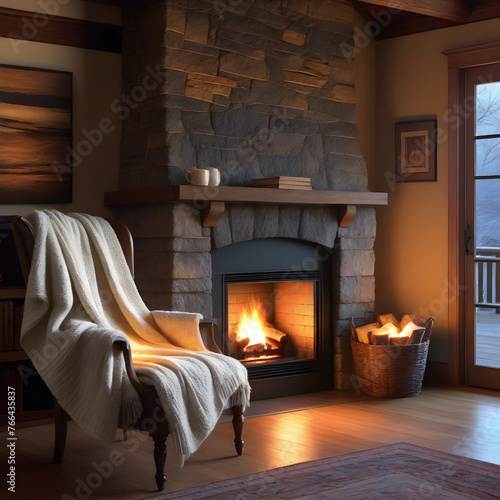 Cozy blankets draped over a wooden chair near a crackling fireplace, warm glow illuminating their.
Generative AI.