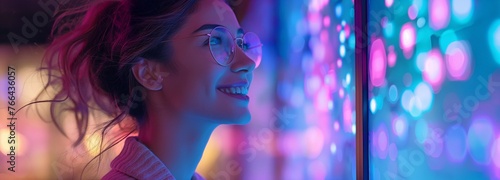 A radiant Hispanic woman may be seen admiring an immersive future display at a contemporary museum, complete with cutting-edge lasers, lights, and invention. photo