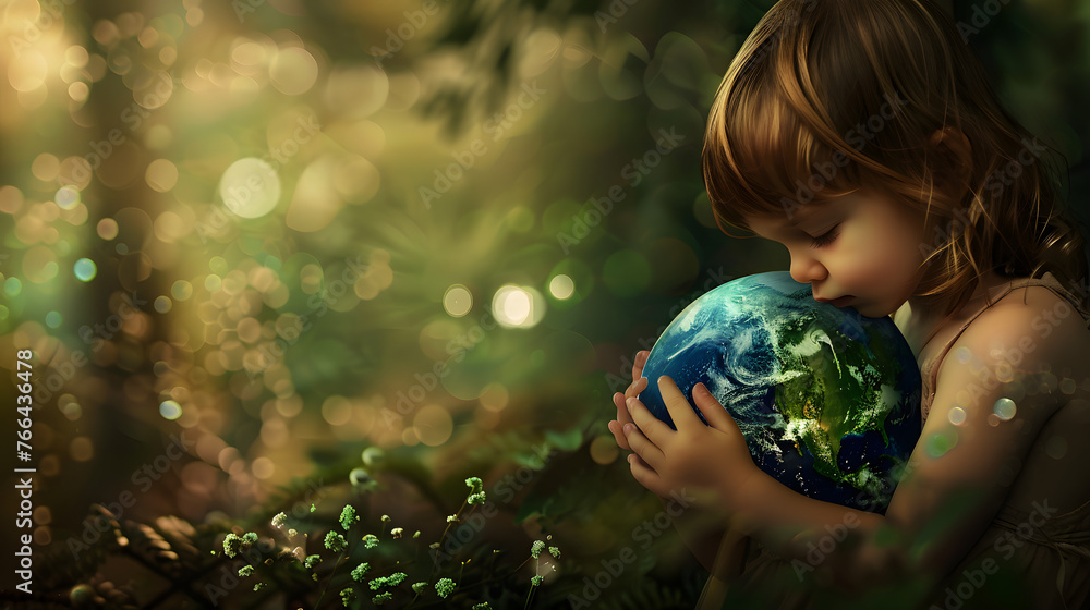 Naklejka premium World peace, young boy tenderly holding and embracing the Earth in his hands amidst a lush green natural background, concept of love and care for the environment